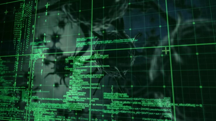 Animation of data processing over virus cells on black background