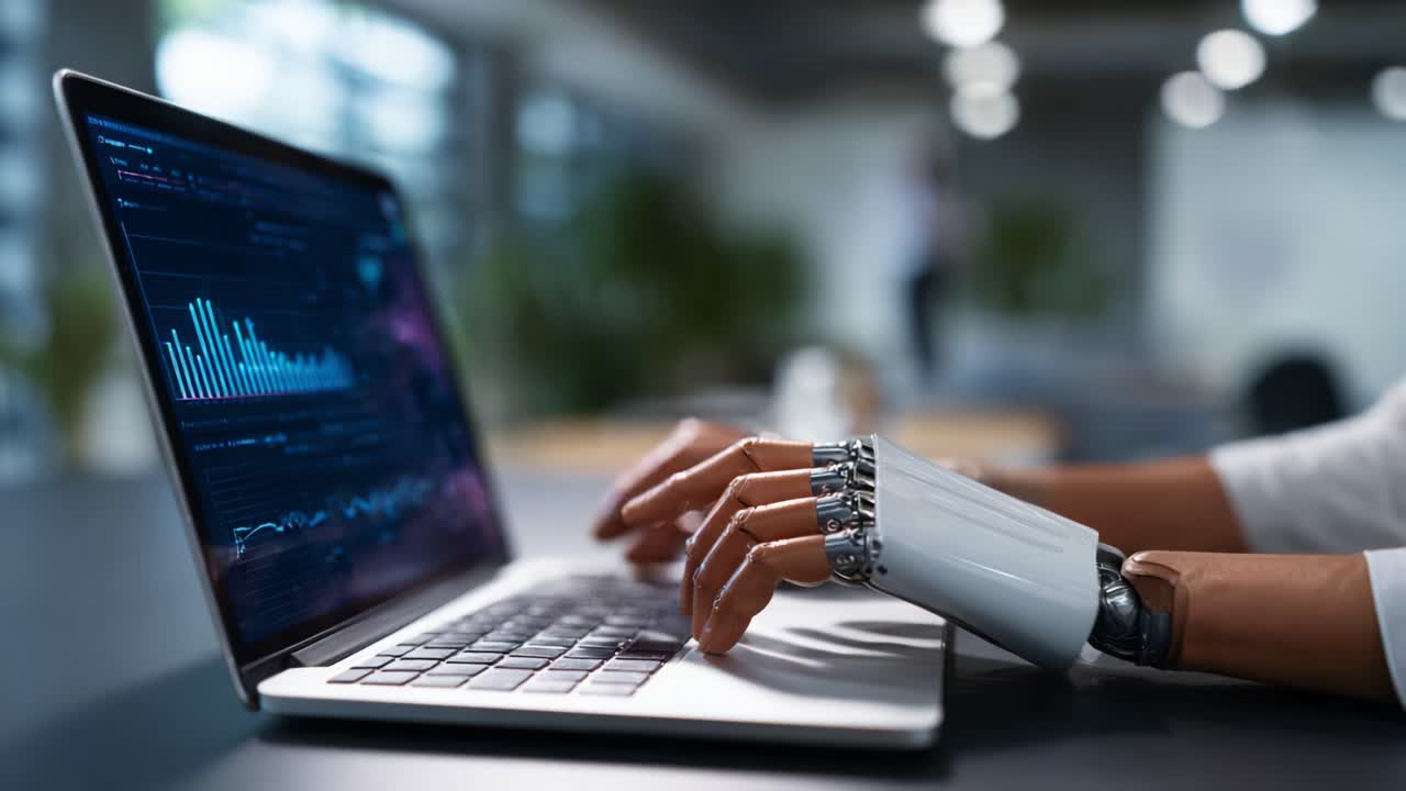 Advanced Robotic Hand Interacting with Laptop, Showcasing Cutting-Edge Technology and AI Capabilities in a Modern Workspace Environment