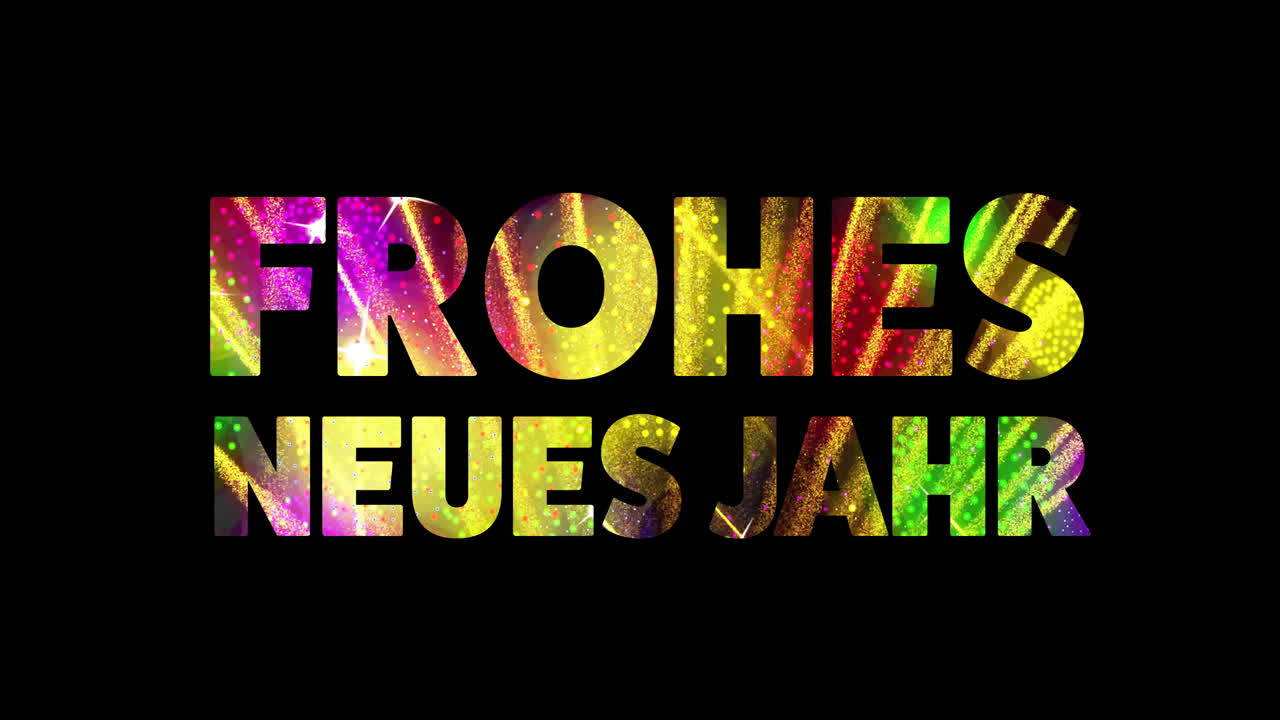 animación de frohes neues jahr texto y fuegos artificiales sobre fondo negro