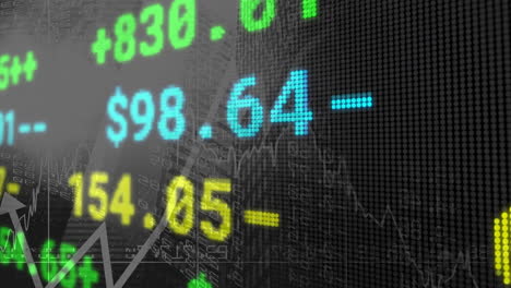 animating stock market data over cityscape with rising graph