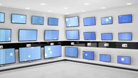 Animation-of-rows-of-television-sets-in-store-with-glowing-screens-with-copy-space