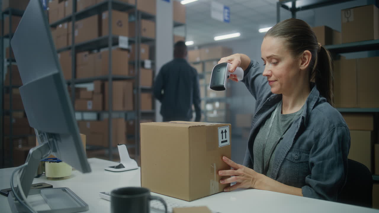 trabajador del almacén escaneando un paquete