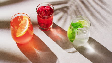 cerrar las bebidas con naranja, frambuesa y limón sobre la sombra