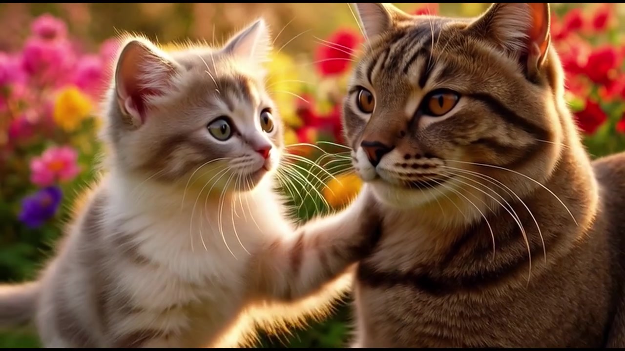 Adorable chaton se blottissant et jouant avec un chat adulte dans un jardin fleuri