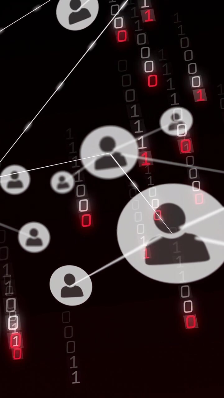 Video verticale: Punto luminoso che attiva nodi utente che si muovono verso l'interno, collegandosi a un hub, visualizzando una rete.