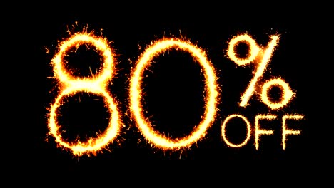 80% de descuento en texto, brillo, chispas, animación de bucle de fuegos artificiales