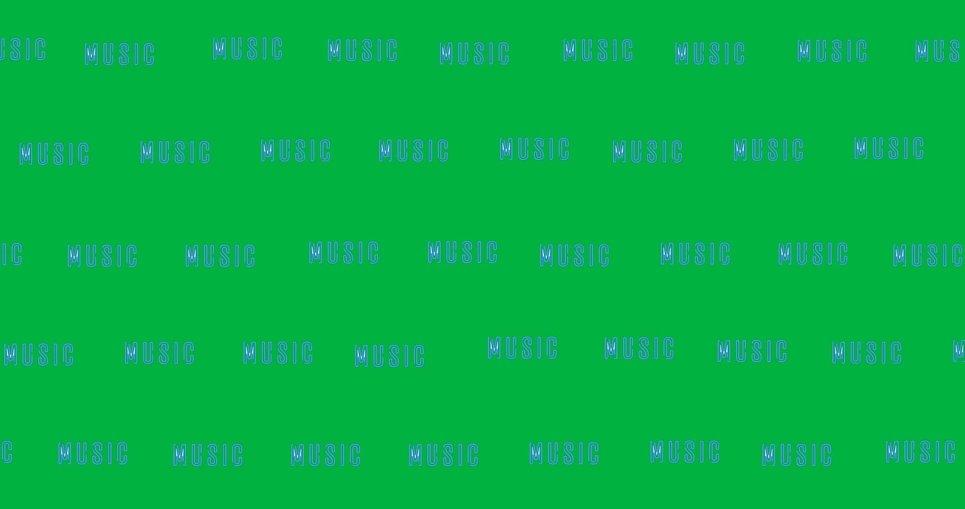 Digital animation of multiple blue music text banners in seamless pattern against black background