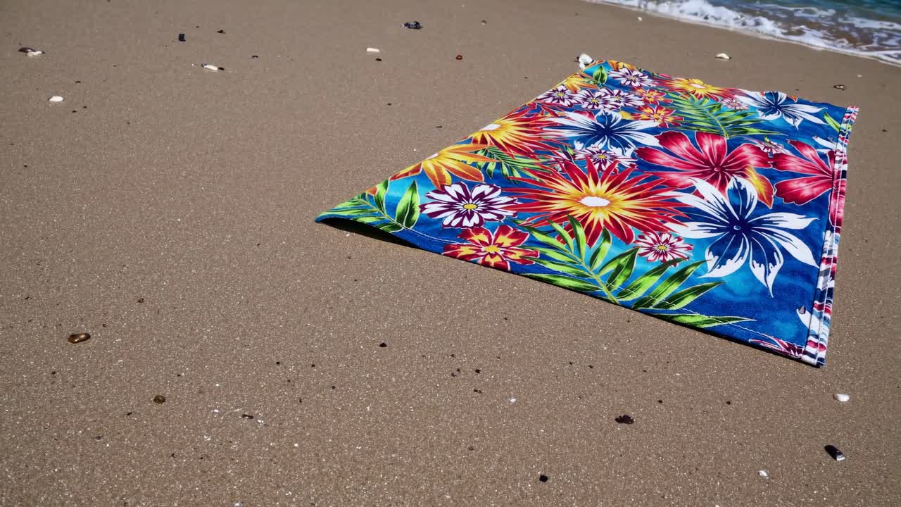 Handuk pantai bermotif bunga warna-warni di pesisir berpasir, diambil dari sudut pandang rendah