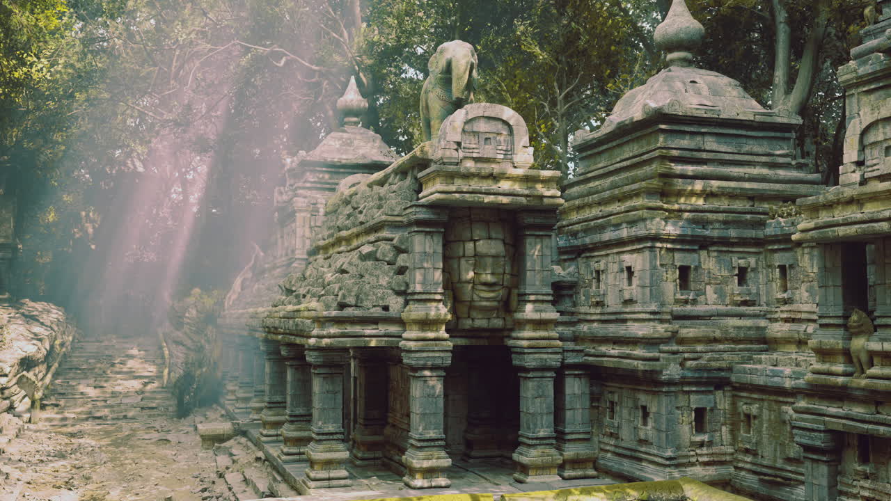 Ancient temple ruins surrounded by lush greenery and serene light rays