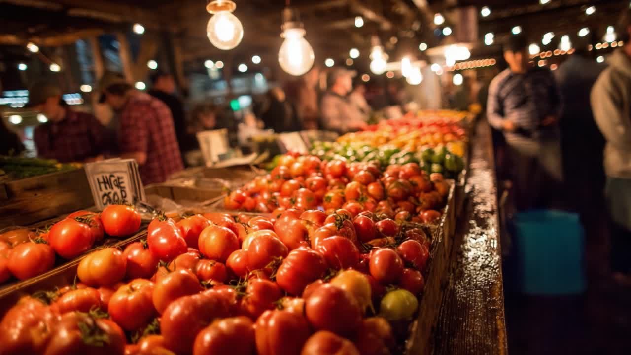 Vibrant Market Scene Featuring Freshly Harvested Tomatoes and Lively Atmosphere with Warm Lighting, Capturing the Essence of a Bustling Marketplace Full of Color and Life