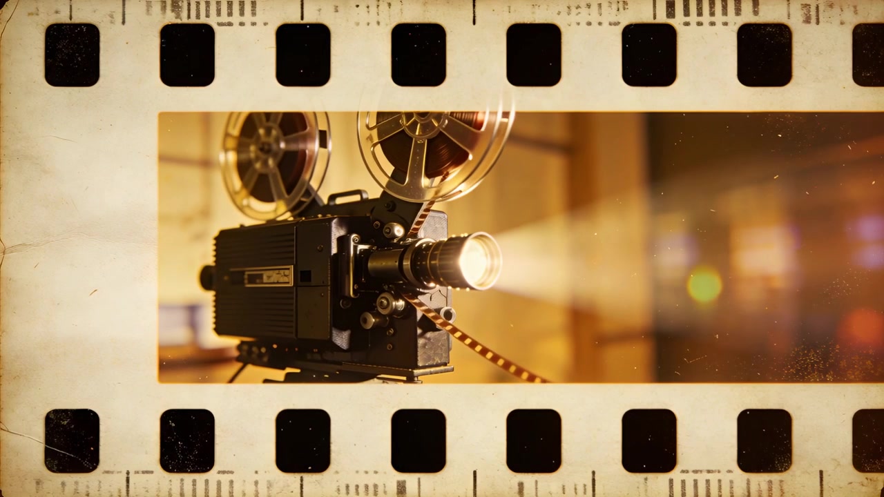 Avvio di un proiettore vintage da 16mm in studio, con due bobine che ruotano e proiettano una pellicola con polvere.