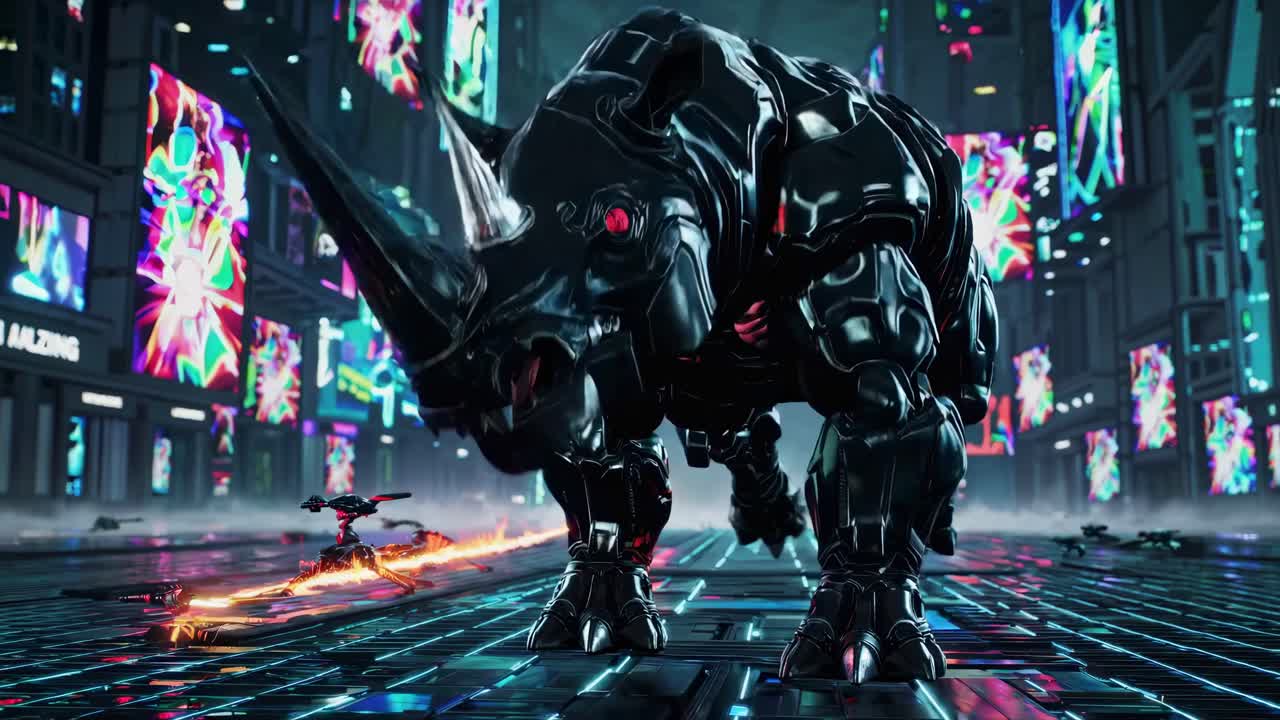 Mech Rhino in a Cyberpunk City