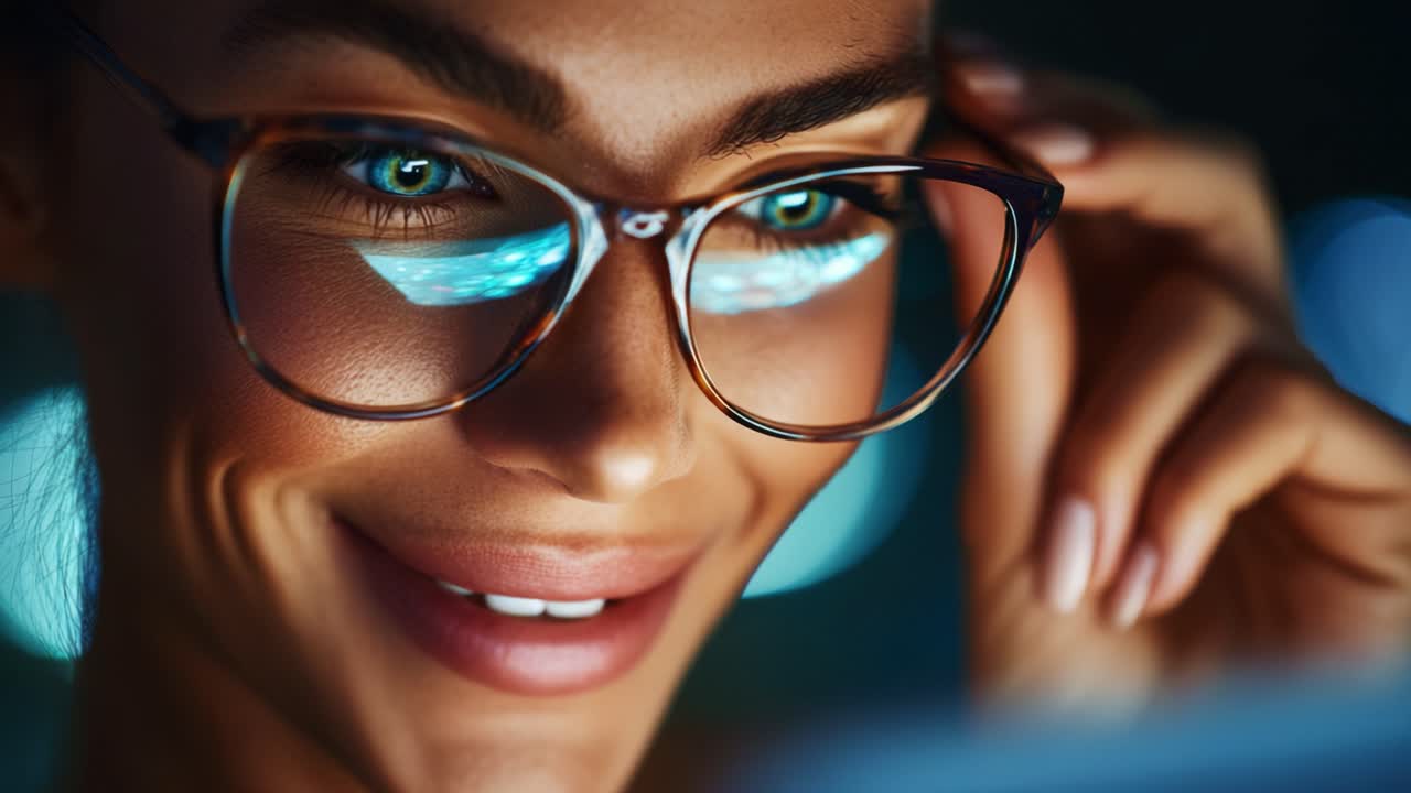 Captivating Close-up of a Confident Woman Smiling While Adjusting Her Glasses, Illuminated by Soft Blue Lights, Highlighting Her Striking Eyes and Radiant Smile in a Modern Setting