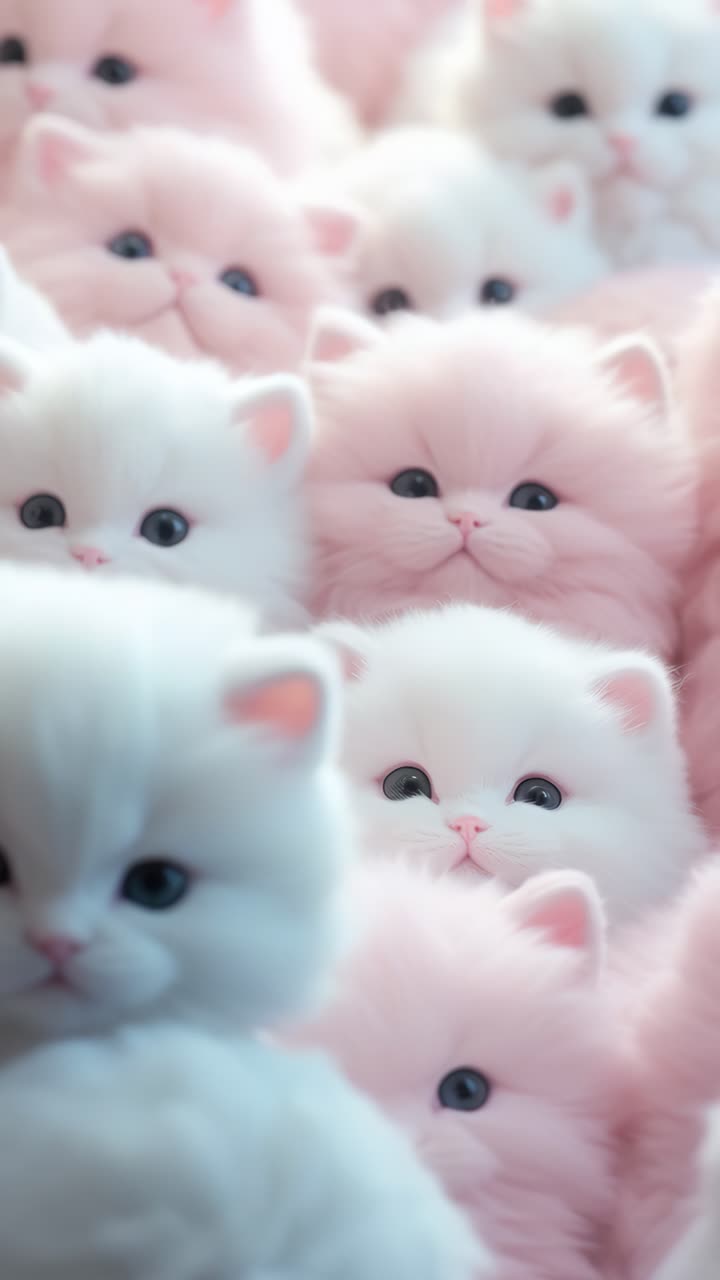 A close-up, eye-level shot of fluffy pink and white kittens, creating a soft, dreamy atmosphere