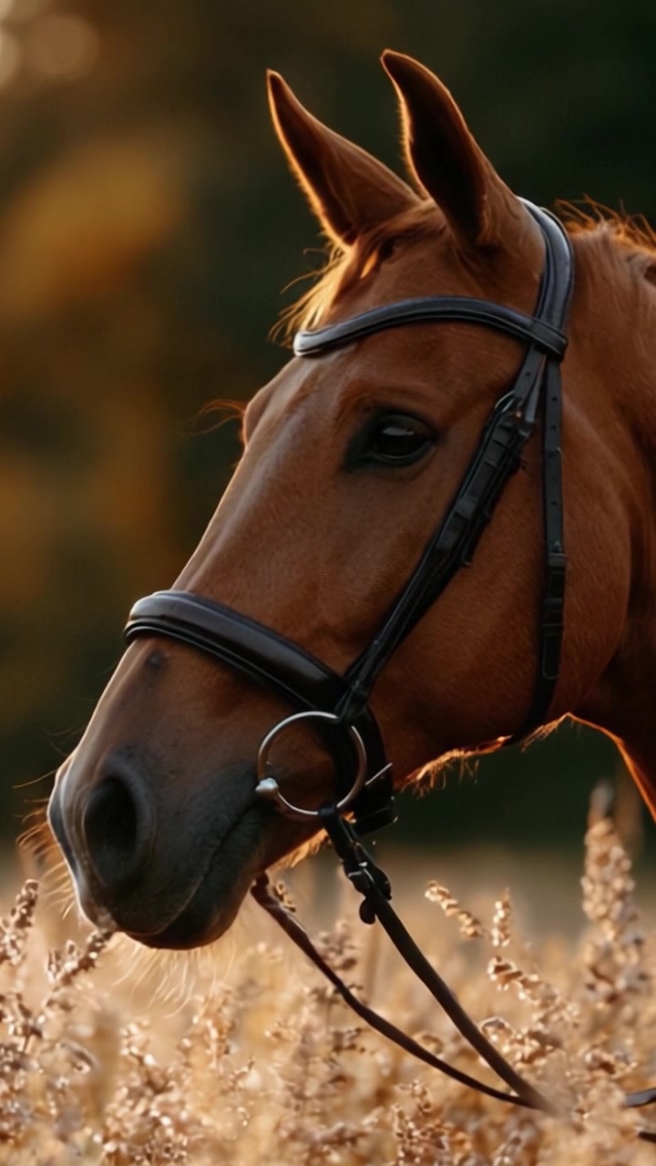 Elegant Equine Majesty: A Stunning Close-Up Portrait of a Brown Horse Glowing in the Soft Light of the Golden Hour Amidst a Dreamy Meadow Atmosphere