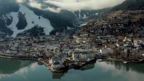 Zell-am-See-Ski-Resort-on-Lake-Zell-in-Austrian-Alps-Mountains,-Aerial