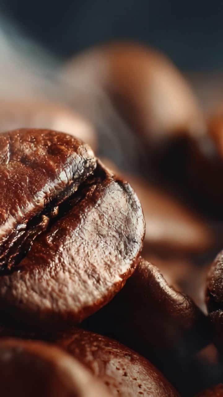 Nærbillede af ristede kaffebønner, der fremviser deres rige tekstur og aroma, og perfekt fremhæver den mørke, glansfulde overflade, der afspejler essensen af friskbrygget kaffe