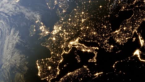 animation of planet earth rotating with europe light pollution map showing main capital city from the space, view from the space of solar system planet earth