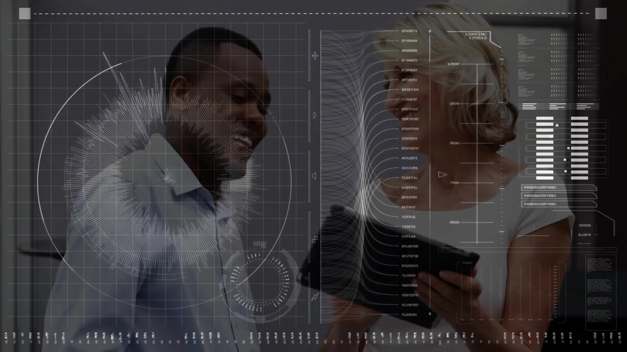 Female exec and male peer tapping tablet causing pulsing chart overlay for tracking business stats