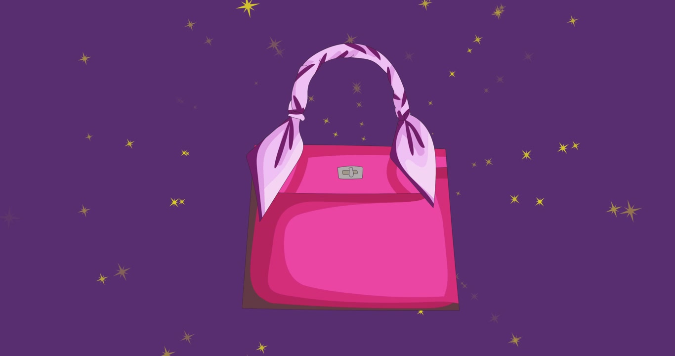 Animazione di borsa rosa e stelle su sfondo viola