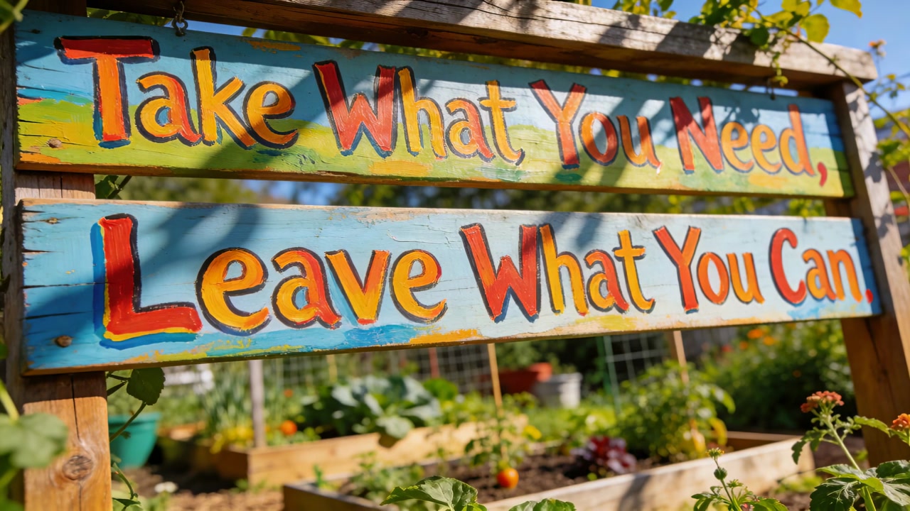 Holding camera on sign in garden while sunlight filtering and leaves swaying, showing message