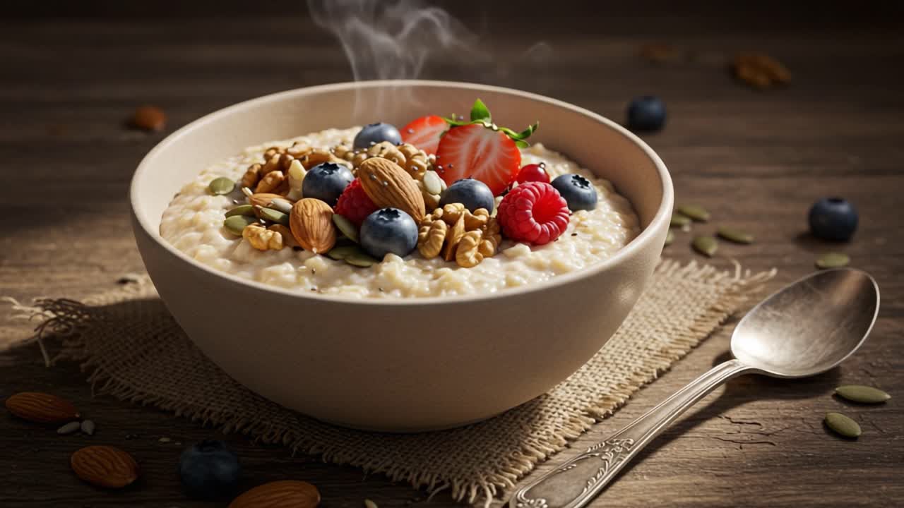 A Delightful Bowl of Warm Oatmeal Topped with Fresh Berries, Nuts, and Granola, Perfect for a Cozy Breakfast or Snack Experience