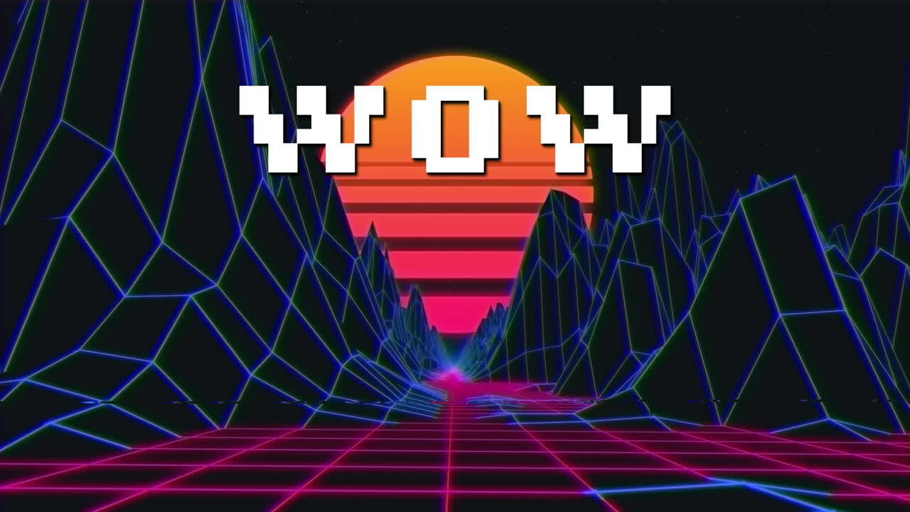 ⁇ 색 픽셀 텍스트의 애니메이션 와우, 오렌지색 태양과 함께 이동 그리드 계곡