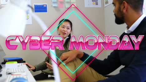 animación de texto y cuadrados de cyber monday sobre diversos colegas hablando en la oficina
