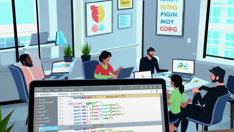 programming session on a laptop in a collaborative office setting