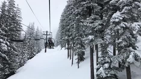 slow-motion-chair-lift-carrying-skiers-through-a-snowstorm-floats-between-the-snow-covered-pine-trees-to-the-summit-of-a-mountain,Powder-Mountain,-Utah