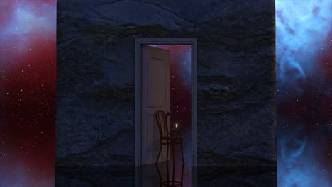 Lit-Candle-Burns-on-a-Chair-in-the-Doorway-Space-in-the-Background-Blue-Purple-Neon-Color