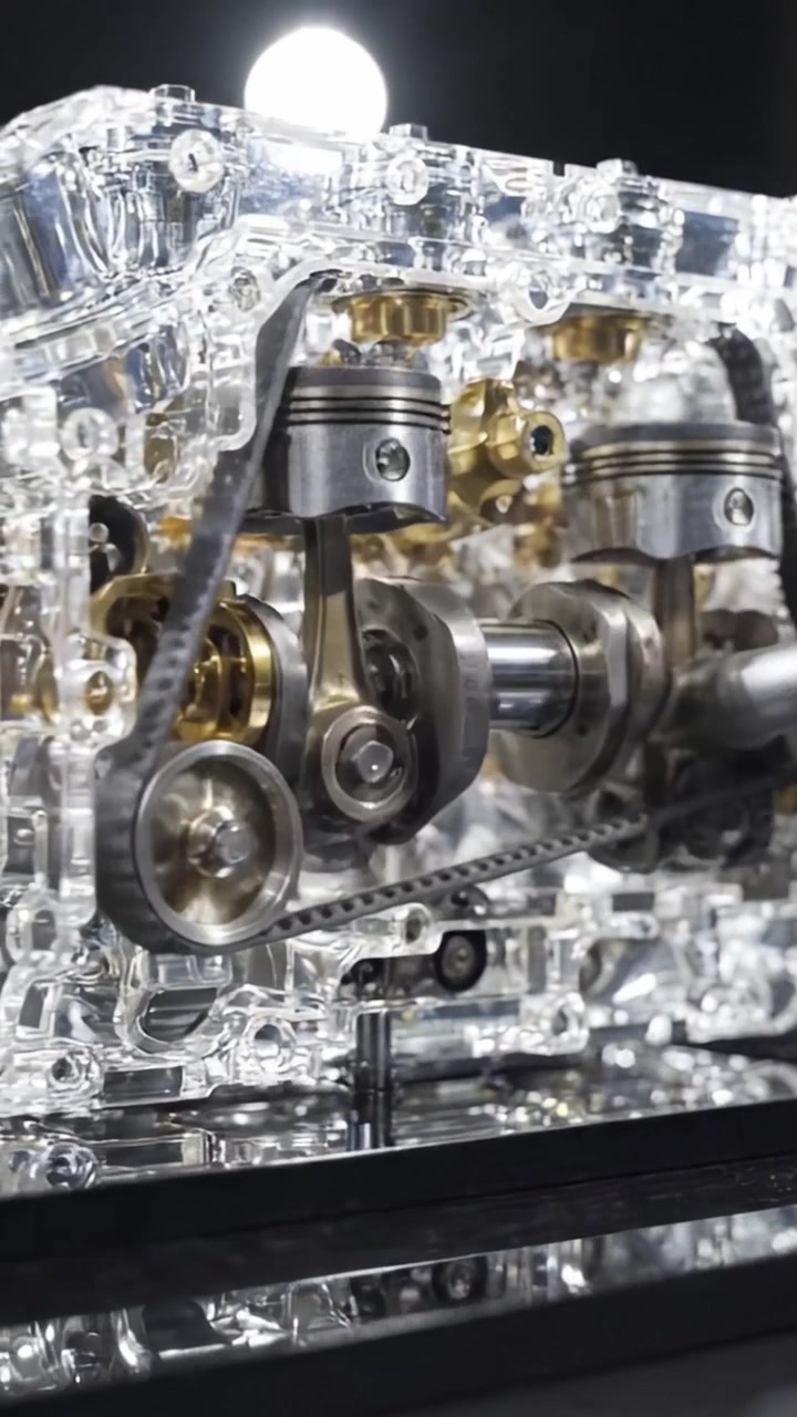 Una vista intrincada de un modelo de motor transparente que muestra componentes y mecanismos internos en funcionamiento y detalle.