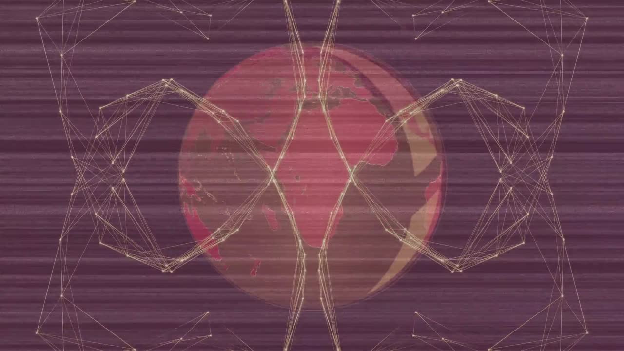 Animación de red de conexiones y globo terráqueo sobre fondo rosa.