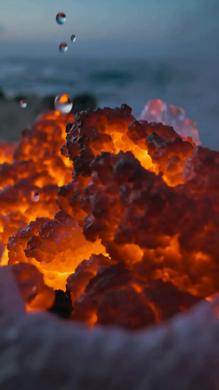 Video verticale: Lava fusa ribollente che reagisce agli spruzzi di acqua marina sulla crosta costiera, creando vapore.