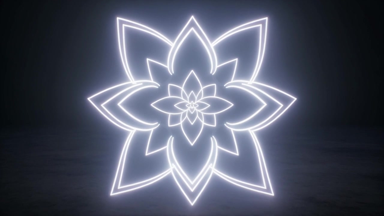 Simbolo del Fiore di Loto al Neon Bianco Scintillante che si Espande nello Spazio Oscuro