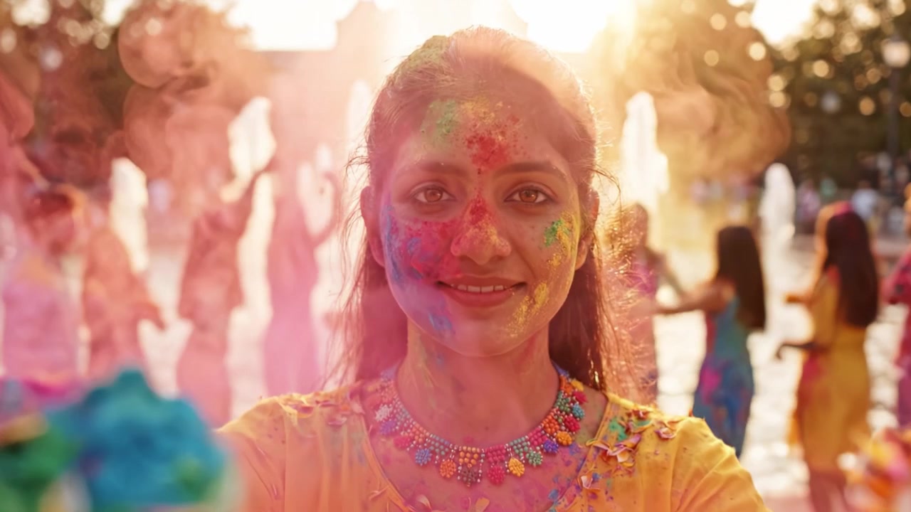 Celebrare la Gioia Colorata: Una Giovane Donna che Abbraccia la Festività con Colori Vivaci Durante una Celebrazione Tradizionale di Felicità e Condivisione in un Contesto Splendido