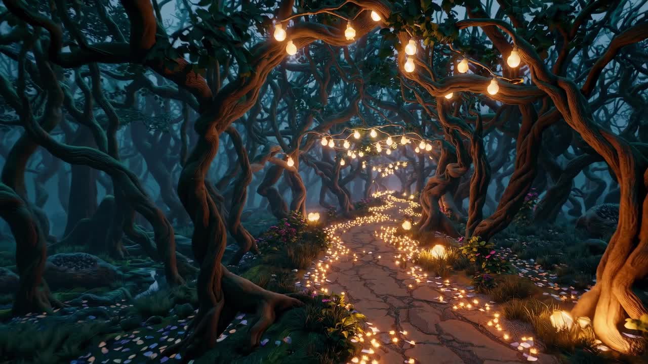 Enchanting forest path with glowing lights, captured from a low angle