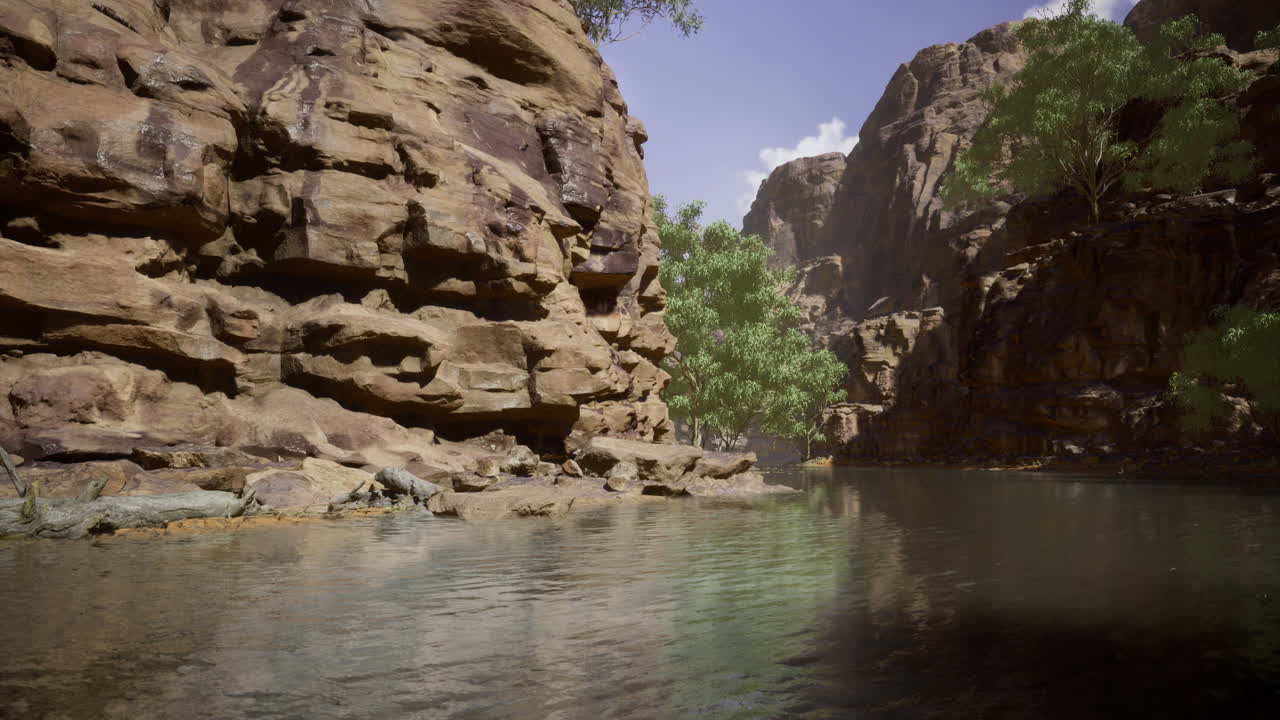 Majestic river flows through ancient rock formations in serene afternoon light