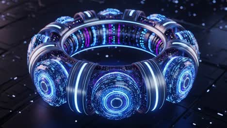 spectacular circular energy source: a high-tech visual of a futuristic device surrounded by glowing blue lights and intricate digital patterns for science fiction enthusiasts