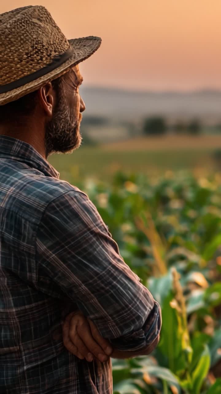 Contemplating the Future: A Farmer's Reflection During Sunset Over the Lush Green Cornfields in the Heart of Agriculture