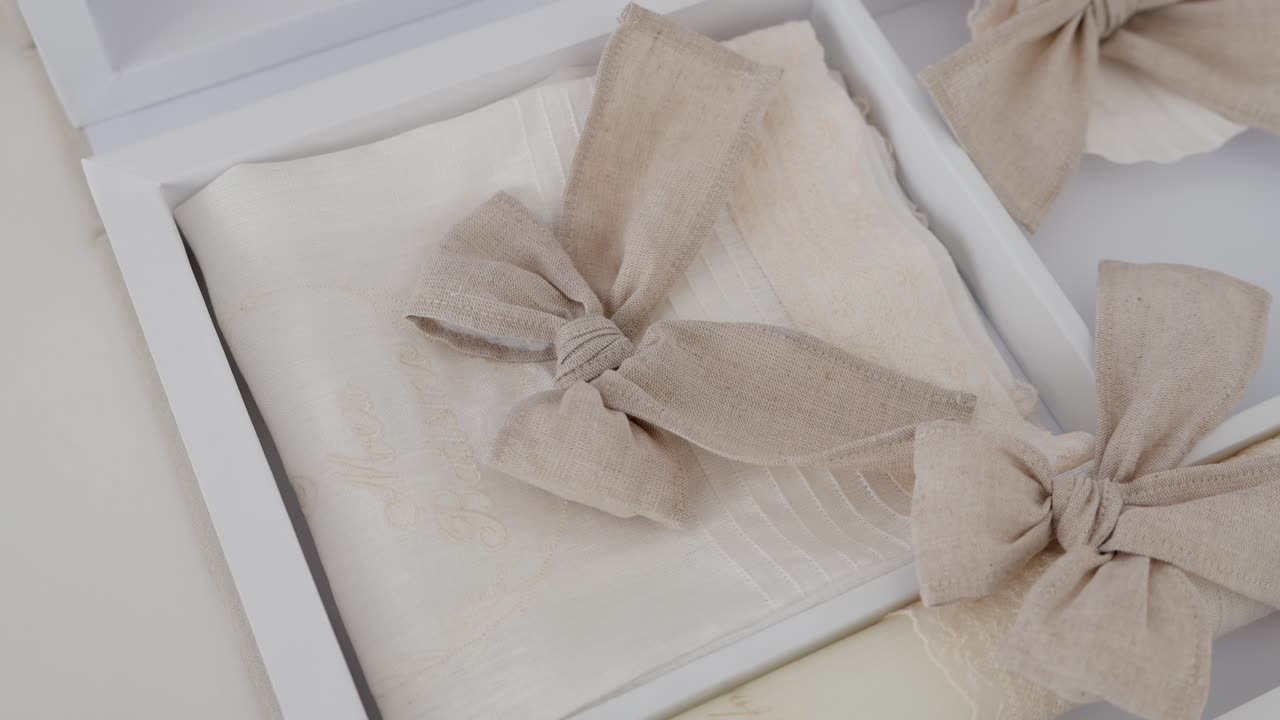 Soft white baptism towel folded with a natural linen bow and subtle lace accents in gift box