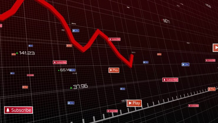 Red graph line emerging from left, tracing fall while nudging play or subscribe badges for analytics