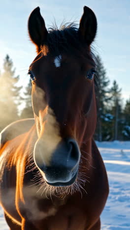 horse in winter with steaming breath at sunrise