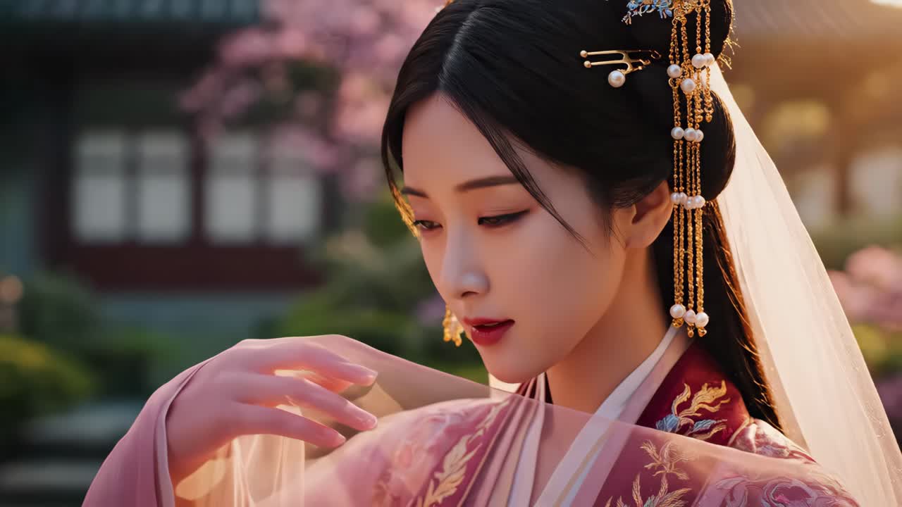 Elegant Woman in Hanfu with Cherry Blossoms