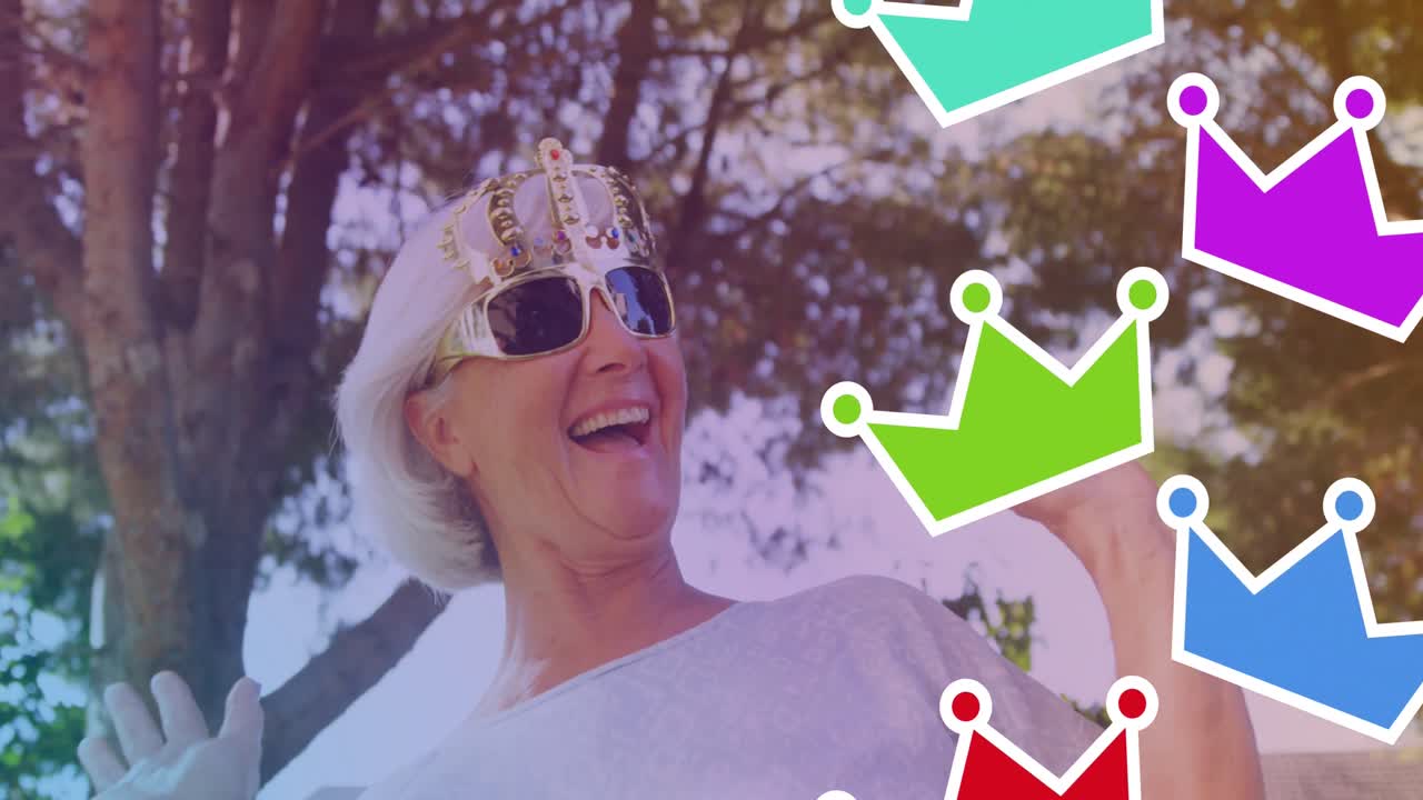 행복한 백인 여성 위에 떨어지는 왕관의 애니메이션