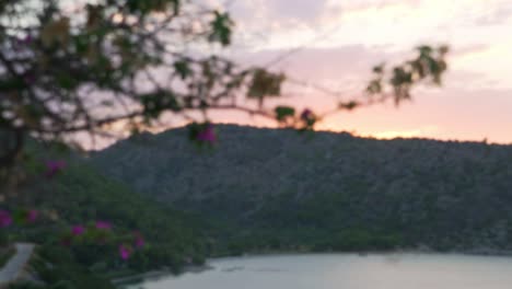 Panoramic-view-of-Fragolimano-bay,-located-at-Corinth,-Peloponnese,-Greece,-during-golden-hour,-with-tree-branches-in-the-foreground