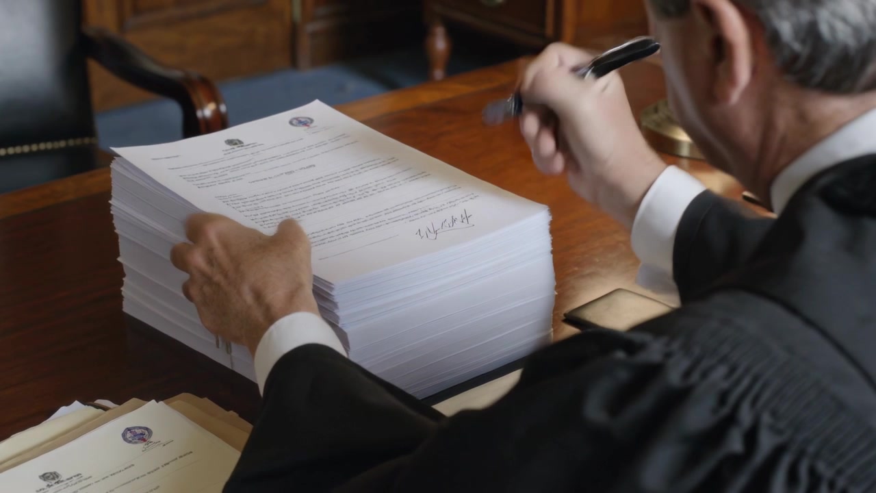 Juiz assinando com toga preta, firmando pilha, usando caneta-tinteiro para ordens no gabinete, com espaço para texto.
