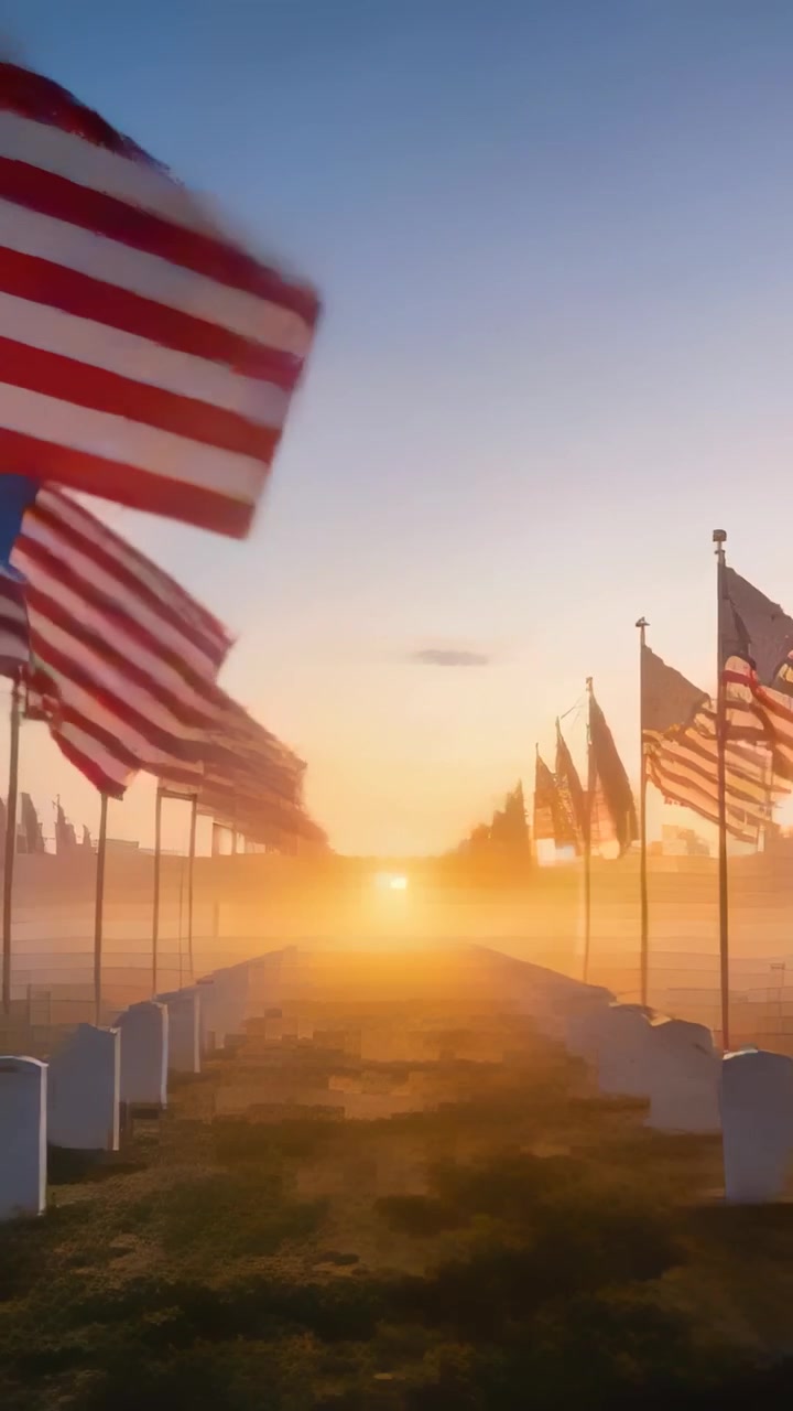 Vertical video: Waving American flags lining memorial path in breeze, sunrise revealing markers