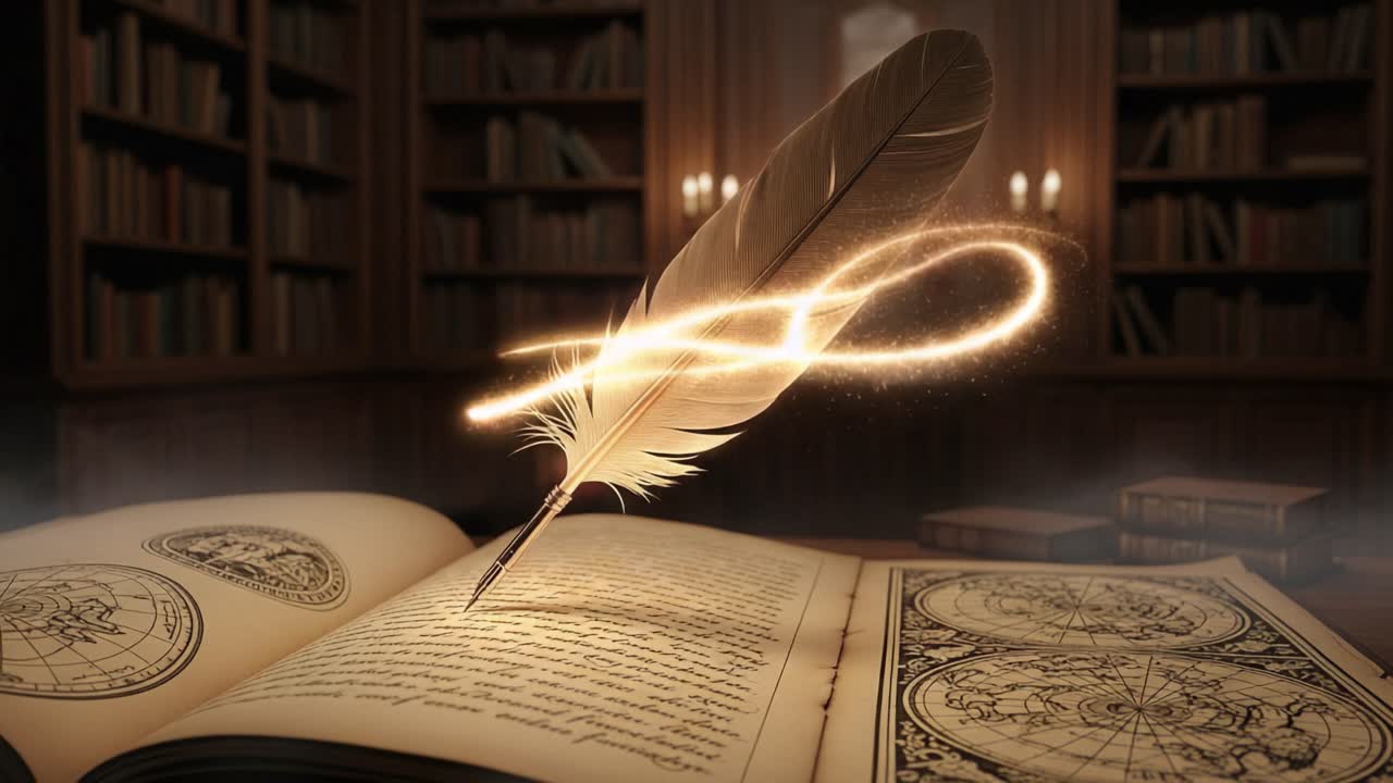 An Enchanted Quill Dancing Over Ancient Texts in a Mysterious Library with Glowing Sparks, Evoking a Sense of Wonder and Discovery in a World of Knowledge