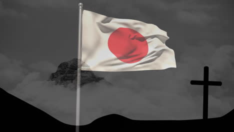 waving japanese flag with mountain and cross silhouette, animation in background